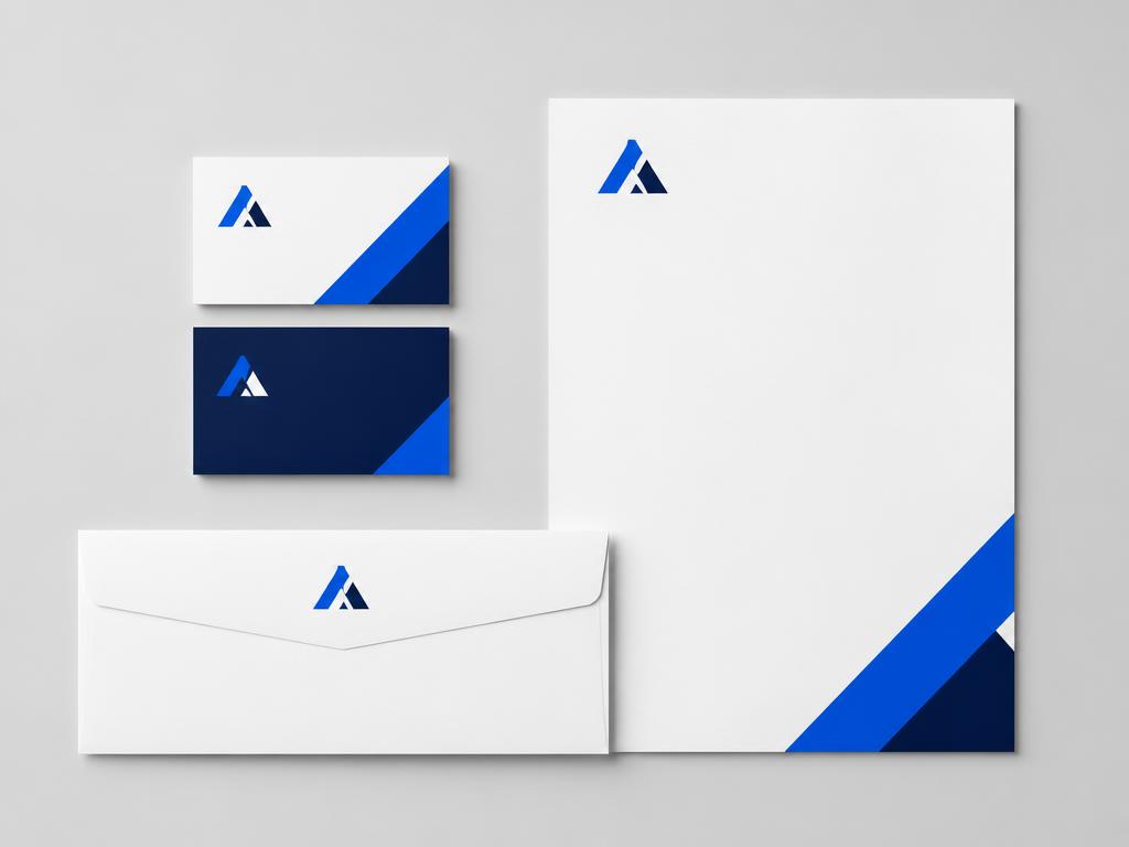 Mockup de papelería corporativa con logotipo geométrico azul